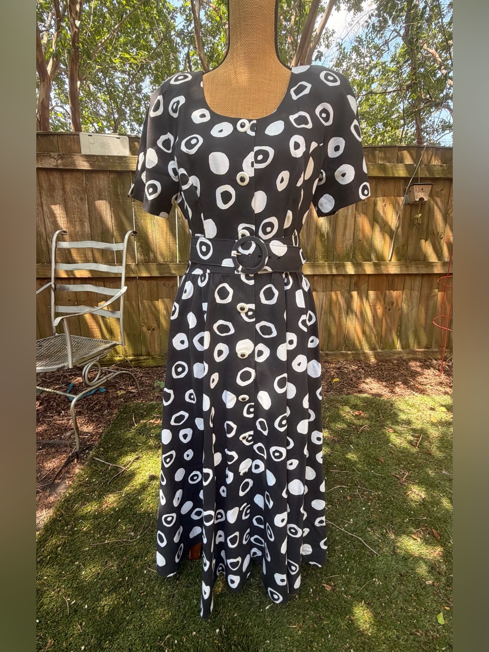Vintage 80s Sabina Black White Abstract Polka Dot Belted Dress